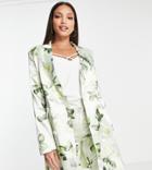 Liquorish Tall Bridal Satin Tailored Double Breasted Blazer In White Rose Print - Part Of A Set-multi