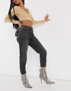 Topshop Ripped Hem Mom Jeans In Washed Black-blue