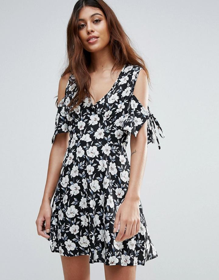 Influence Tie Sleeve Cold Shoulder Floral Dress - Black