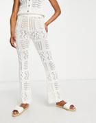 Asos Design Crochet Wide Leg Beach Pants In Cream - Part Of A Set-white