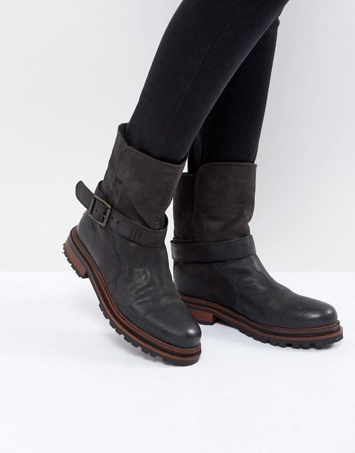 H By Hudson Flat Leather Boots - Black