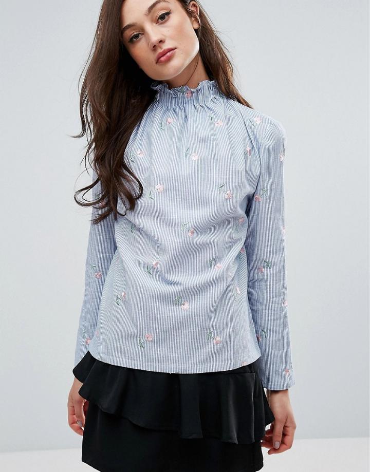 Fashion Union High Neck Top In Blue Stripe With Embroidery - Blue