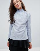 Fashion Union High Neck Top In Blue Stripe With Embroidery - Blue