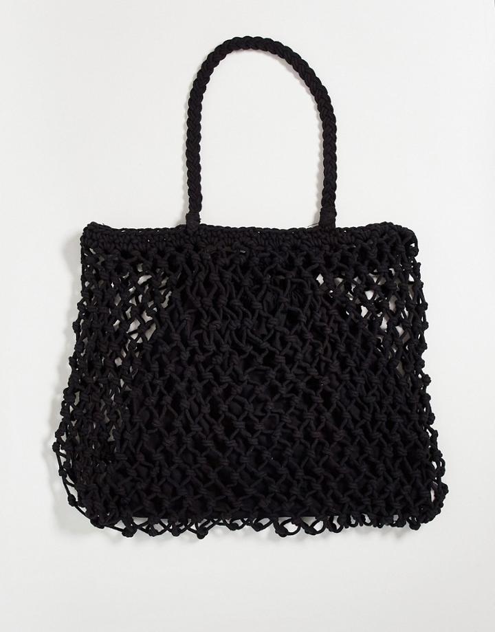 Asos Design Macrame Knotted Tote Bag In Black