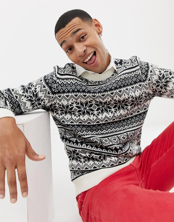 Burton Menswear Christmas Fairisle Sweater In White - White