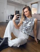 Never Fully Dressed High Neck Sequin Disc Top In Silver