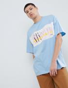 Asos Design Oversized Longline T-shirt With Color Block And City Print - Blue
