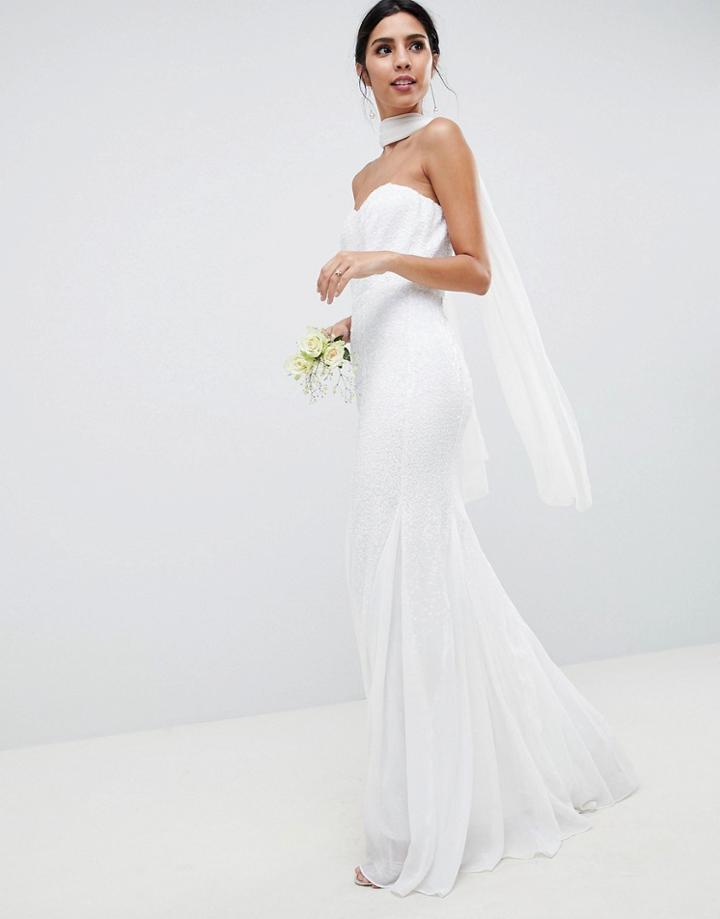 City Goddess Wedding Bandeau Seqin & Chiffon Fishtail Maxi Dress - White