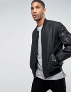 Asos Faux Leather Bomber Jacket With Ma1 Pocket In Black - Black