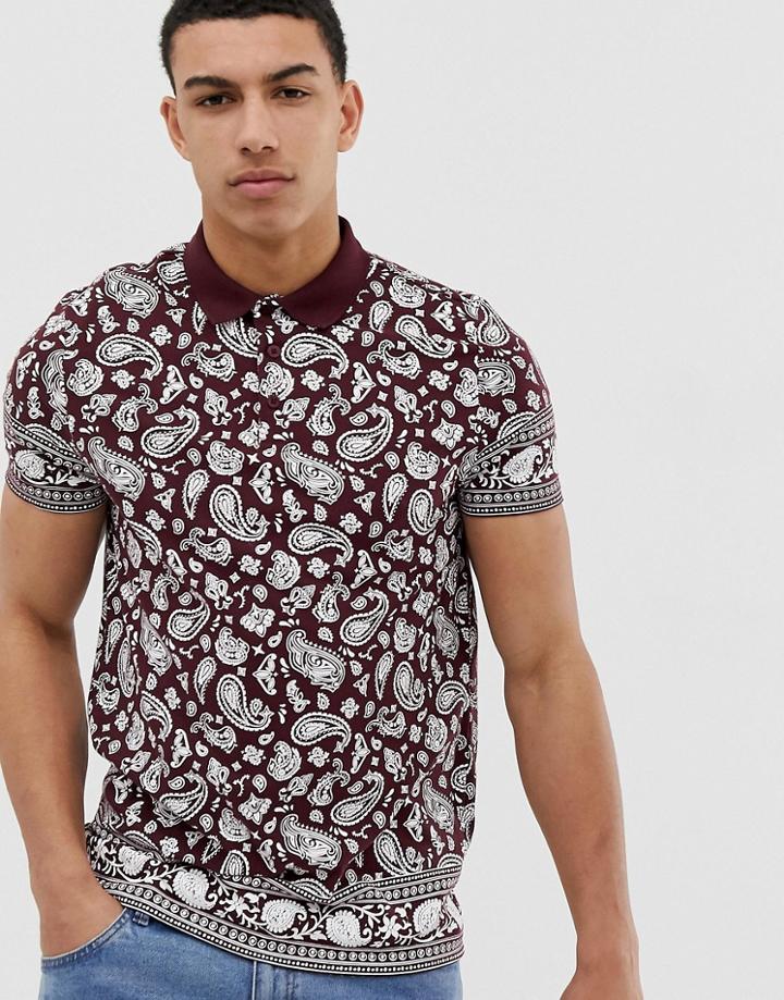 Asos Design Organic Cotton All Over Paisley Print Polo - Red