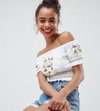 Asos Design Petite Off Shoulder Top With Floral Embroidery - White