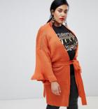 Lost Ink Plus Cardigan With Tie Waist In Chunky Knit - Orange