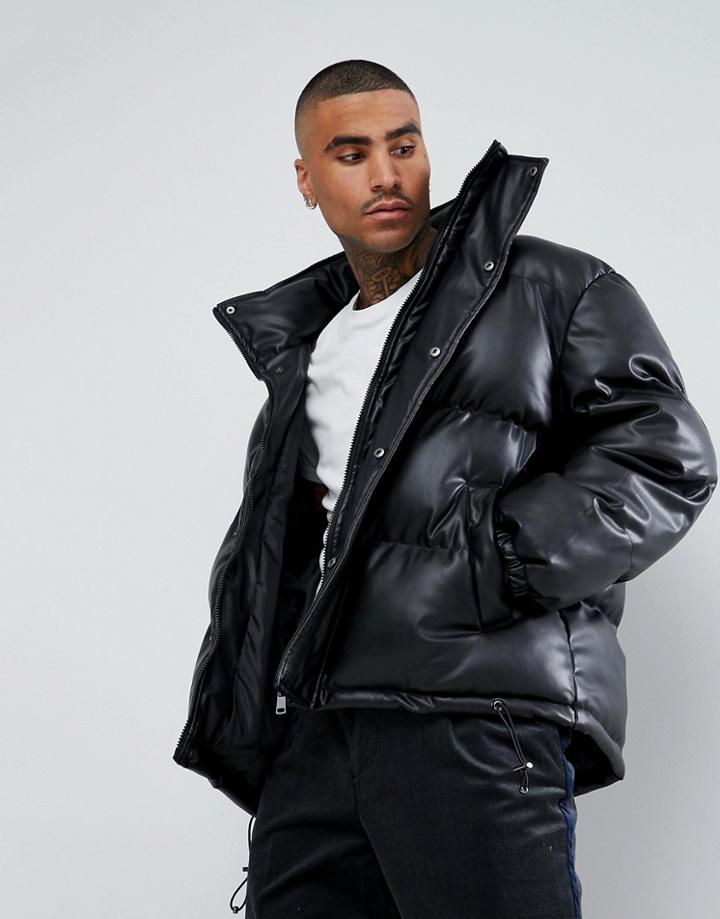 Mennace Puffer Jacket In Leather Look - Black