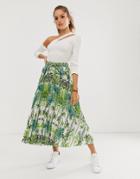 Asos Design Mirrored Botanical Print Pleated Midi Skirt - Multi