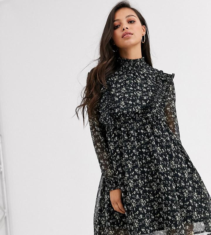 Y.a.s Petite High Neck Floral Mini Dress With Frill Detail-multi