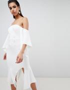 Asos Design Bandeau Kimono Sleeve Midi Dress With Tux Button Detail - White