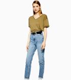 Topshop Petite Mom Jeans In Mid Wash-blues
