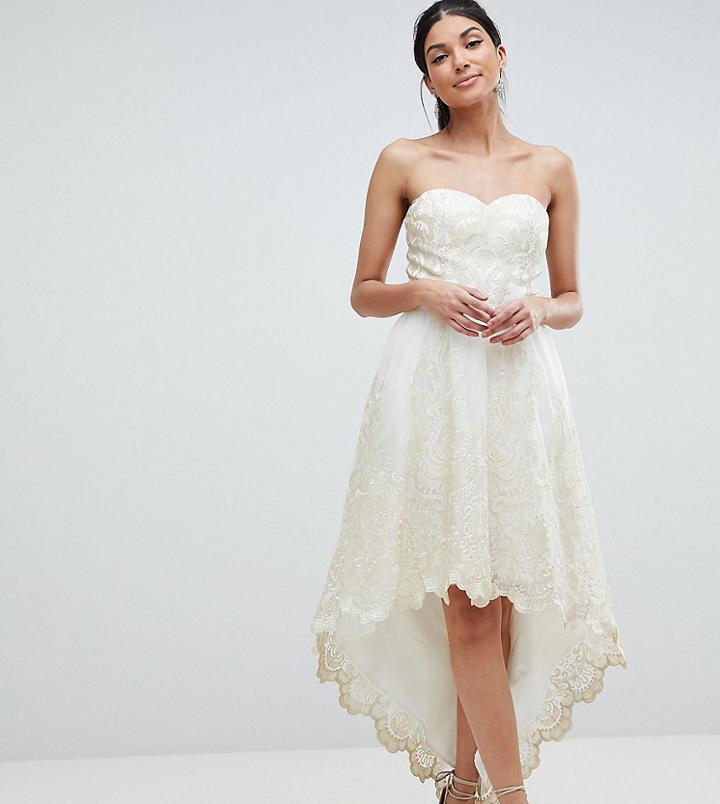 Chi Chi London Tall Premium Lace Bardot Prom Dress With Extreme High Low Hem-cream