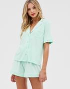 Asos Design Traditional Shirt & Short Pyjama Set With Piping - Green