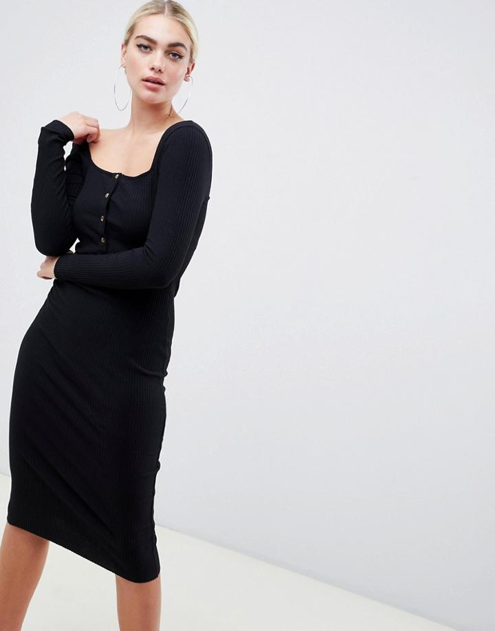 Asos Design Long Sleeve Rib Bodycon Midi Dress With Faux Horn Buttons - Black