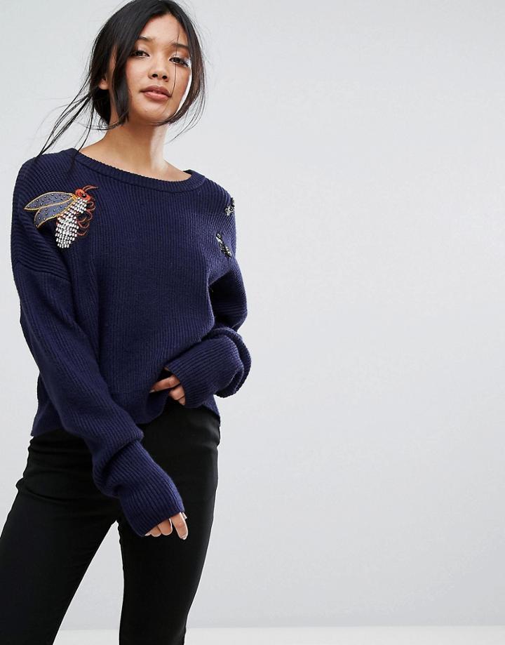 Gestuz Jeweled Bee Knit Sweater - Navy