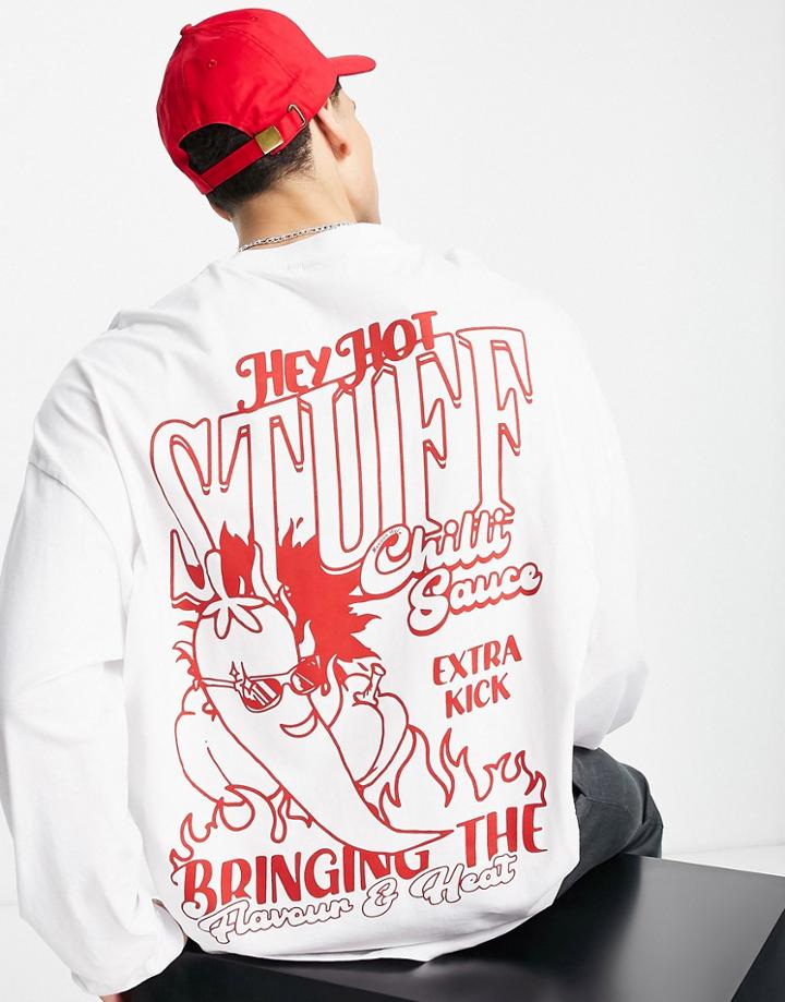 Asos Design Oversized Long Sleeve T-shirt In White With Hot Sauce Back Print