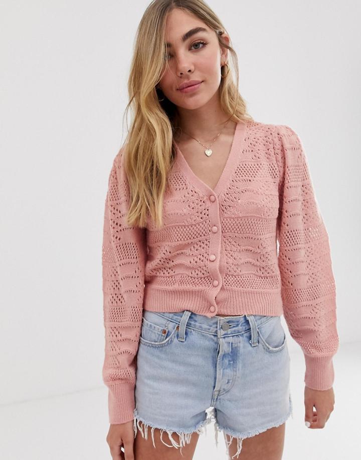 Asos Design Pointelle Stitch Cardigan With Volume Sleeve-pink