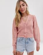 Asos Design Pointelle Stitch Cardigan With Volume Sleeve-pink