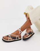 Kaltur Black Leather Rope Tie Flat Sandals