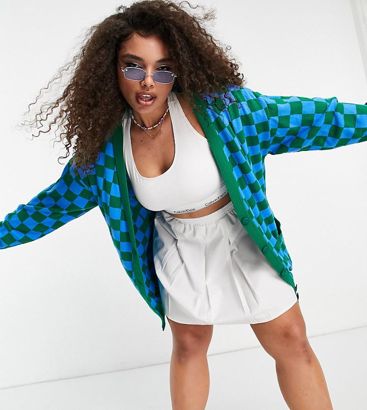 Asos Design Curve Oversized Knitted Cardigan In Green Checkerboard-multi