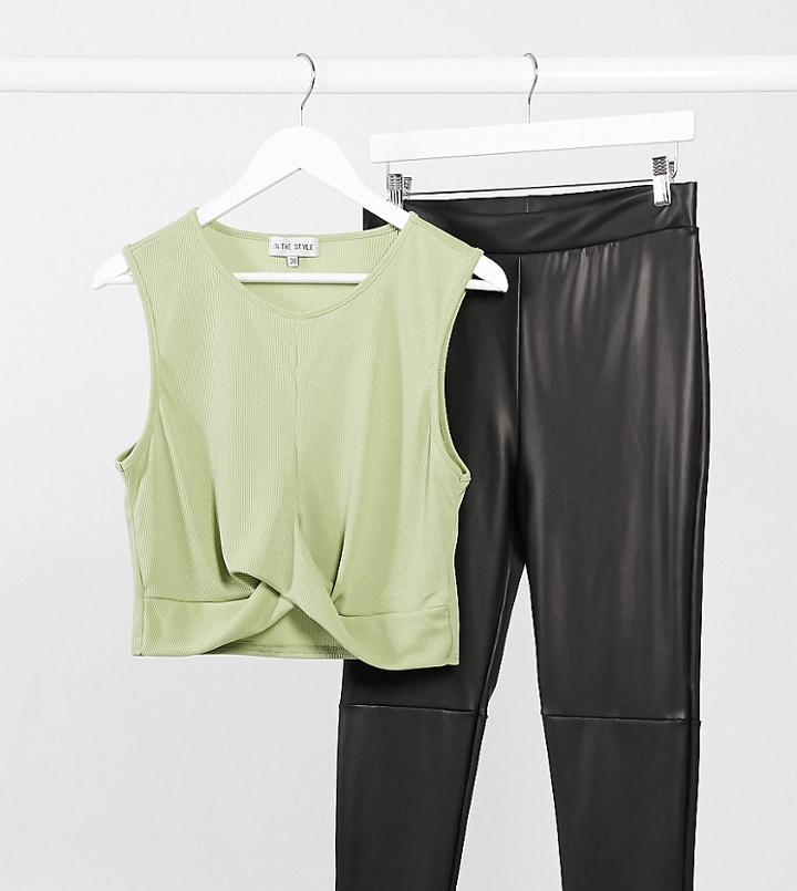 In The Style Plus X Courtney Black Activewear Cross Front Crop Top In Olive-green
