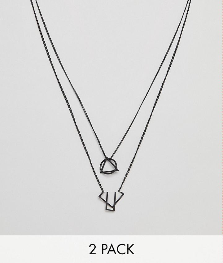 Icon Brand Matte Black Shapes Necklace In 2 Pack Exclusive To Asos - Black