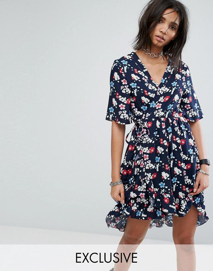 Milk It Vintage Wrap Front Mini Dress In Floral - Black