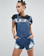 Asos Denim Shorts Overall In Mid Wash Blue With Raw Hem - Blue