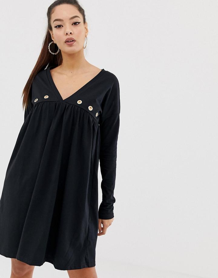 Asos Design Ultimate Long Sleeve Cotton Smock Dress With Eyelets - Black