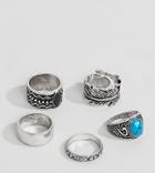 Asos Design Plus Chunky Ring Pack In Burnished Silver With Feather And Turquoise Stone - Silver