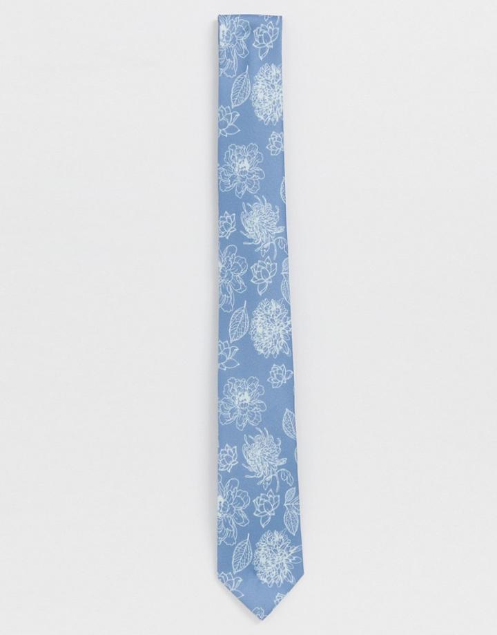 Twisted Tailor Blue Tie With Floral Print - Blue