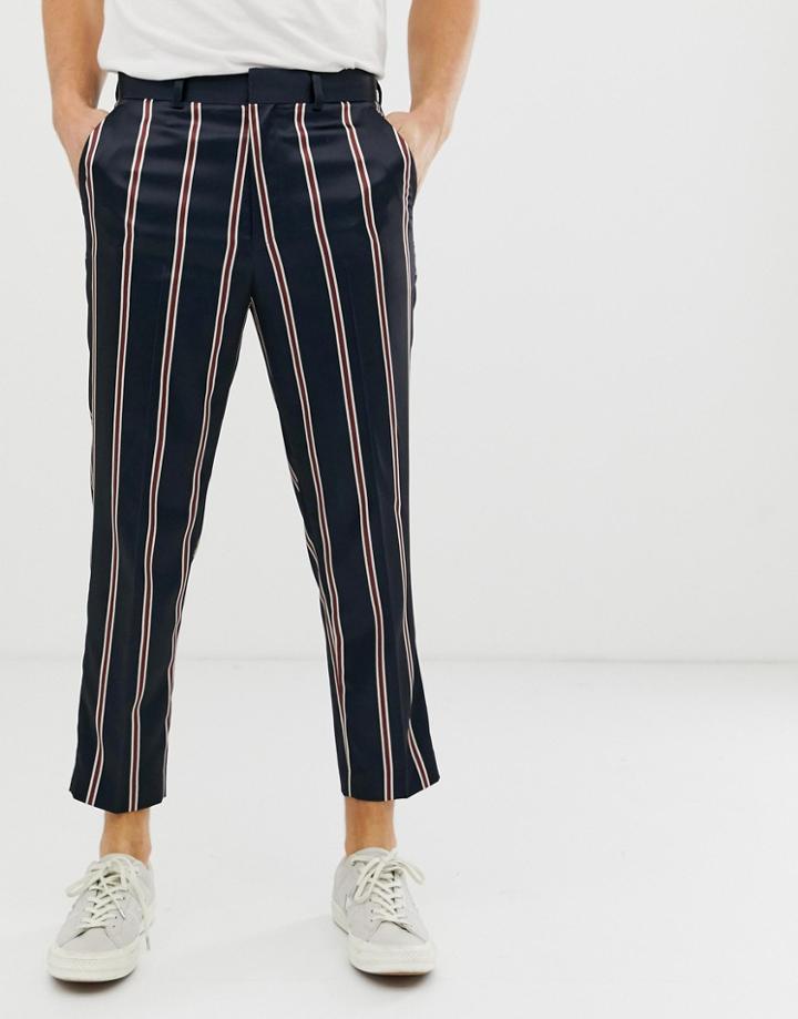 Asos Design Tapered Smart Pants In Navy Satin Stripe - Navy