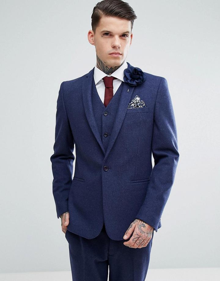 Asos Wedding Skinny Suit Jacket In Navy Wool Mix - Navy