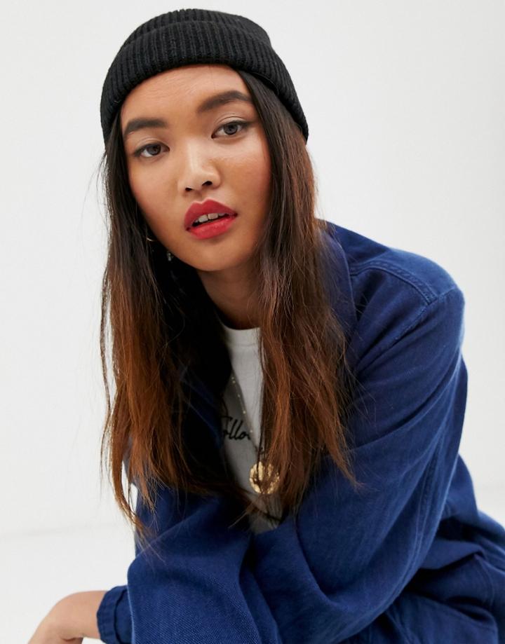 Asos Design Fisherman Rib Beanie Hat In Recycled Polyester In Black