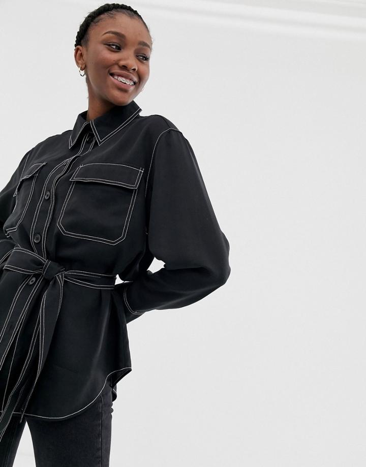 Weekday Tie Front Shirt With Contrast Stitching In Black - Black