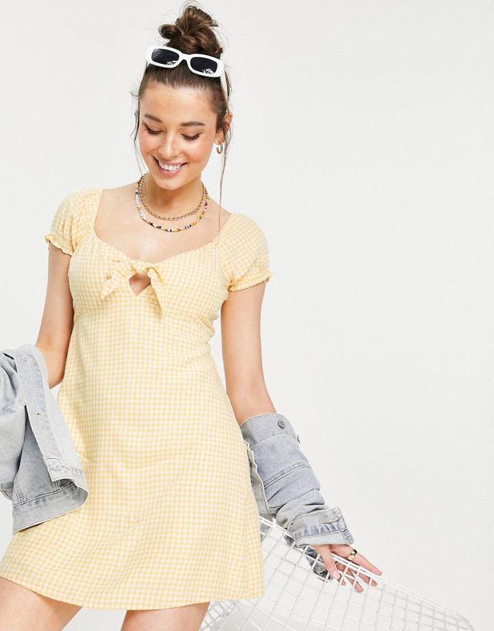 Hollister Puff Sleeve Frill Hem Dress In Yellow Check-pink