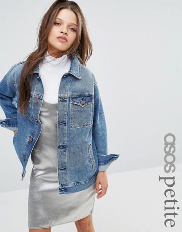 Asos Petite Denim Girlfriend Jacket In Astrid Mid Stonewash Blue - Blu