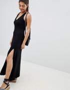 Asos Design Maxi Swing Dress With Double Split And Strappy Neck - Black
