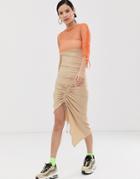 Zya Ruched Midi Dress With Asymmetric Mesh Layered Top-beige
