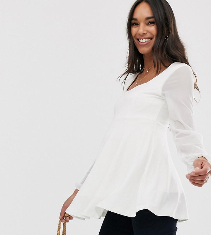 Asos Design Maternity Square Neck Top With Mesh Sleeve In Cream