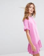 Pull & Bear Frill Hem & Cuff Dress - Pink