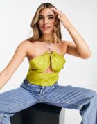 Asos Design Halter Front Scarf Top With Ring Trim Detail And Slit Front In Green