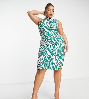 Simmi Plus Clothing High Neck Slit Detail Midi Dress In Green Animal Print-multi