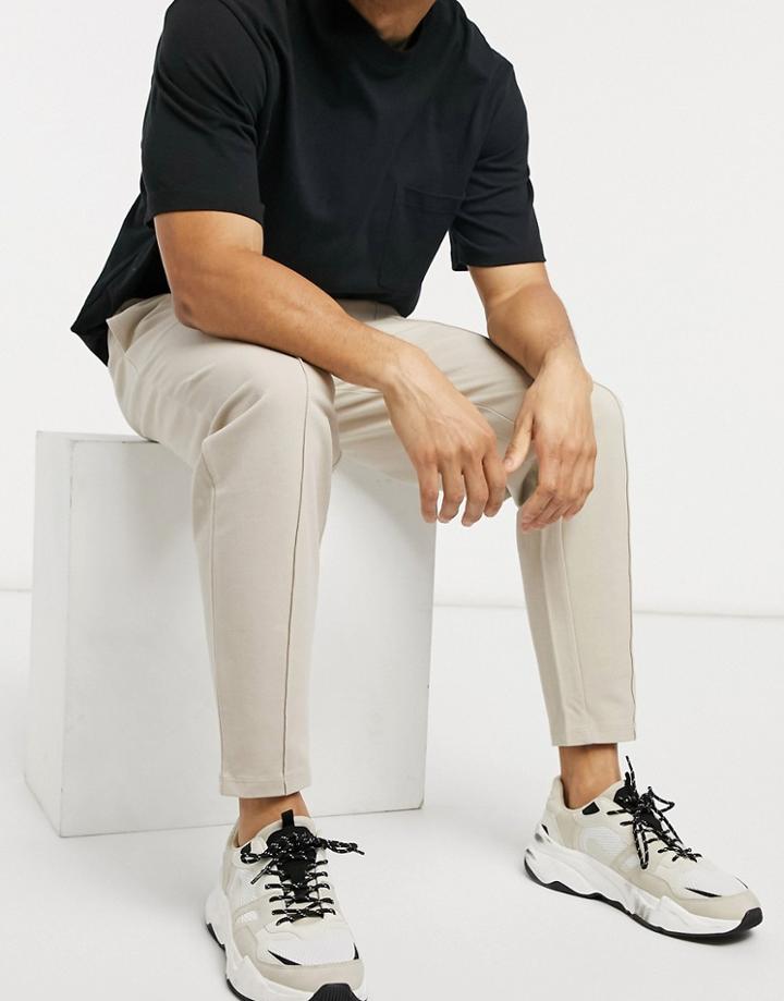 Asos Design Sharp Tapered Joggers In Pique With Pin Tuck And Fixed Hem-brown